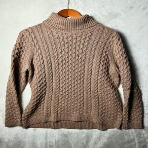 Lands' End Wool Fisherman Sweater Women's M Brown Aran Donegal Tweed Cottage
